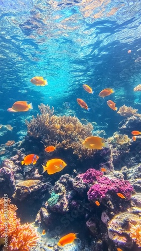 Vibrant Underwater Coral Reef, a lively marine ecosystem filled with diverse coral formations and a multitude of vividly colored fish swimming gracefully among them photo