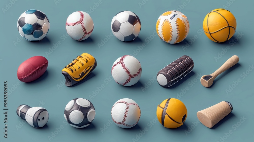 3D Illustrated Icon Set for Sports App - Icons of Balls, Helmets, Bats, and More 3D Illustrated Icon Set for Sports App - Icons of Balls, Helmets, Bats, and More