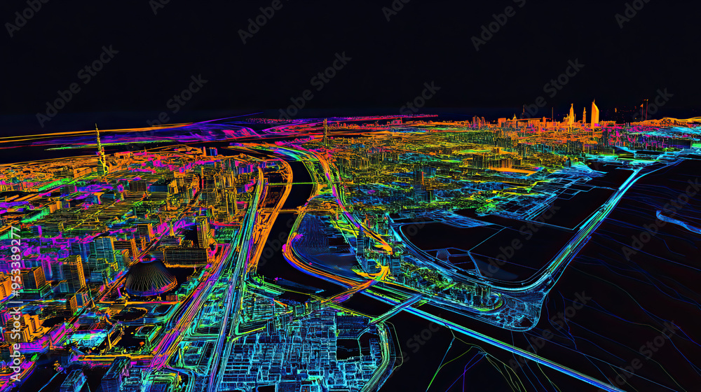 Technical aerial visual, 3D LiDAR GIS aerial map satellite scan model ...