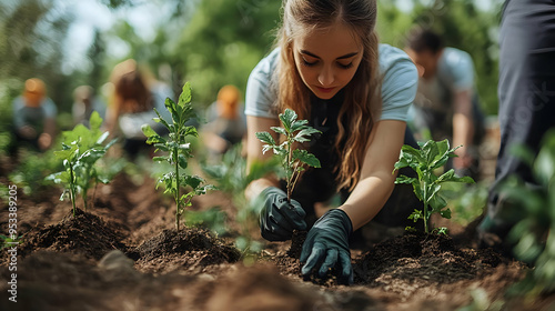 Woman planting a sapling in...
