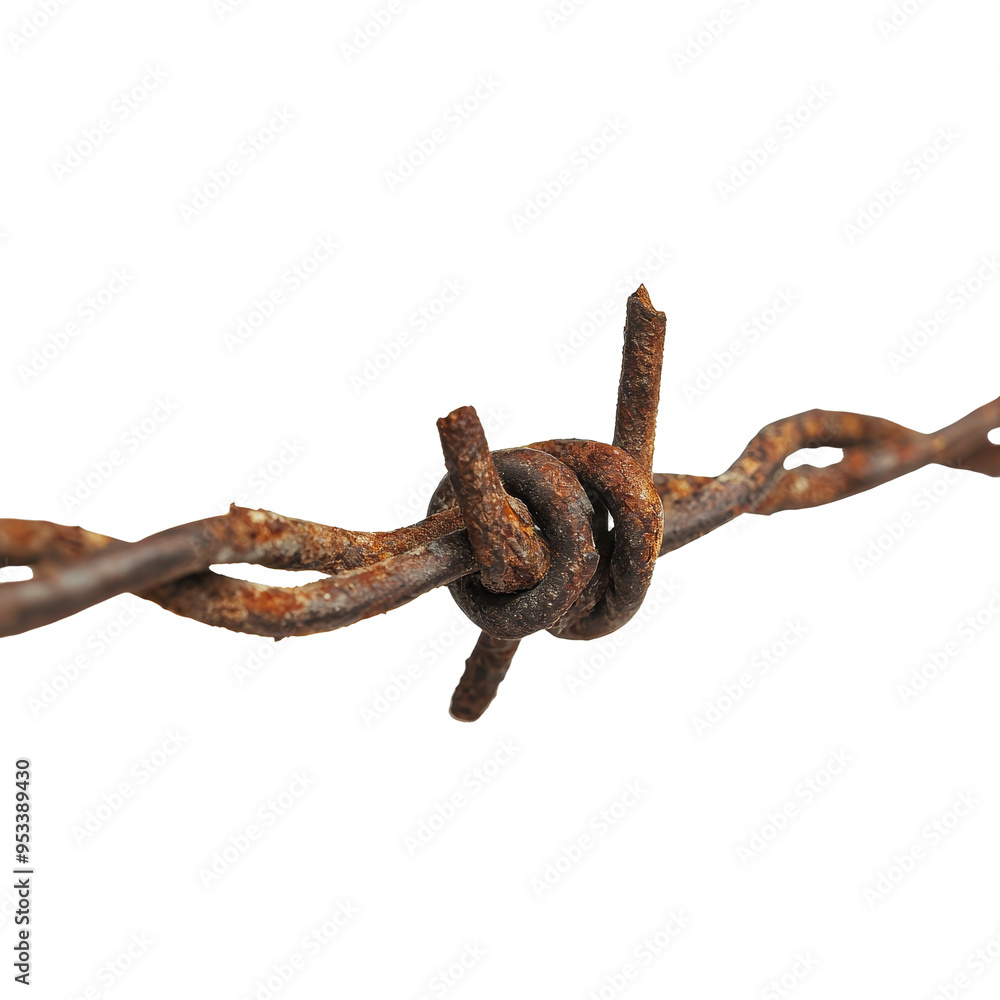 Obraz premium The texture and rust of barbed wire contrasts sharply against a transparent background, showcasing its weathered design, closeup of barbed wire on transparent background