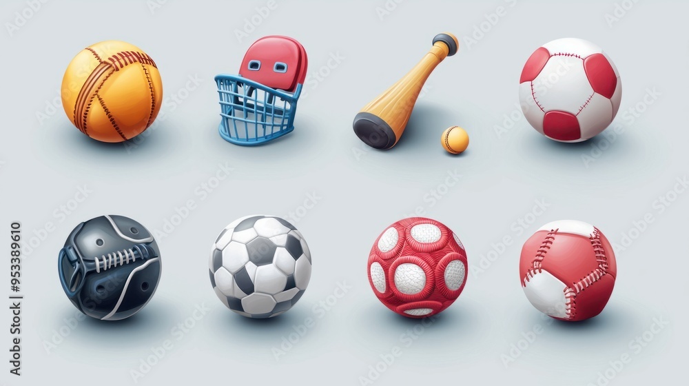 Illustrated 3D Sports Icon Set for Mobile App: Balls, Helmets, Bats, and More Illustrated 3D Sports Icon Set for Mobile App: Balls, Helmets, Bats, and More