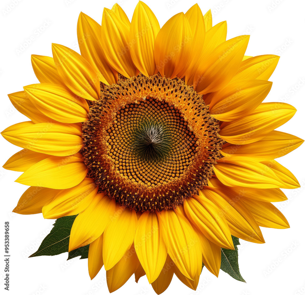 Fototapeta premium Vibrant sunflower with bright yellow petals and intricate seed pattern, symbolizing warmth and happiness in nature.
