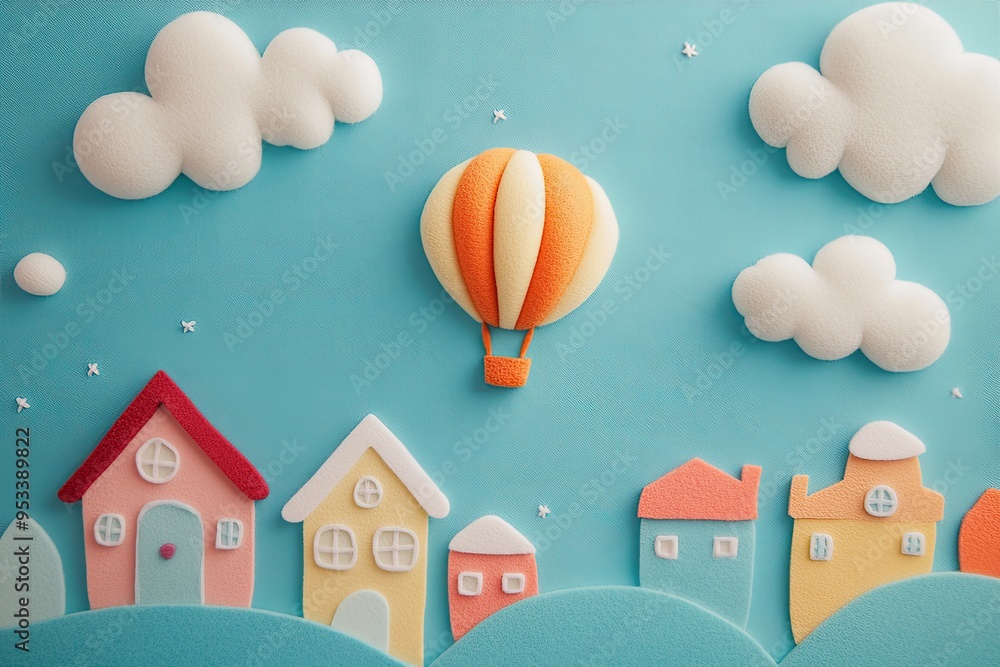 Fototapeta premium Hot air balloon seen in sky with clouds