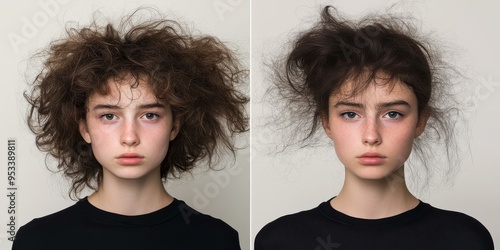 A woman with messy hair on the left, styled hair photo