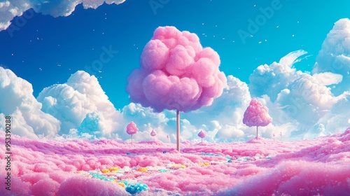 Whimsical Cotton Candy Land - Playful Cartoon Illustration of a Sugar-filled Fantasy World for Kids and Dreamers