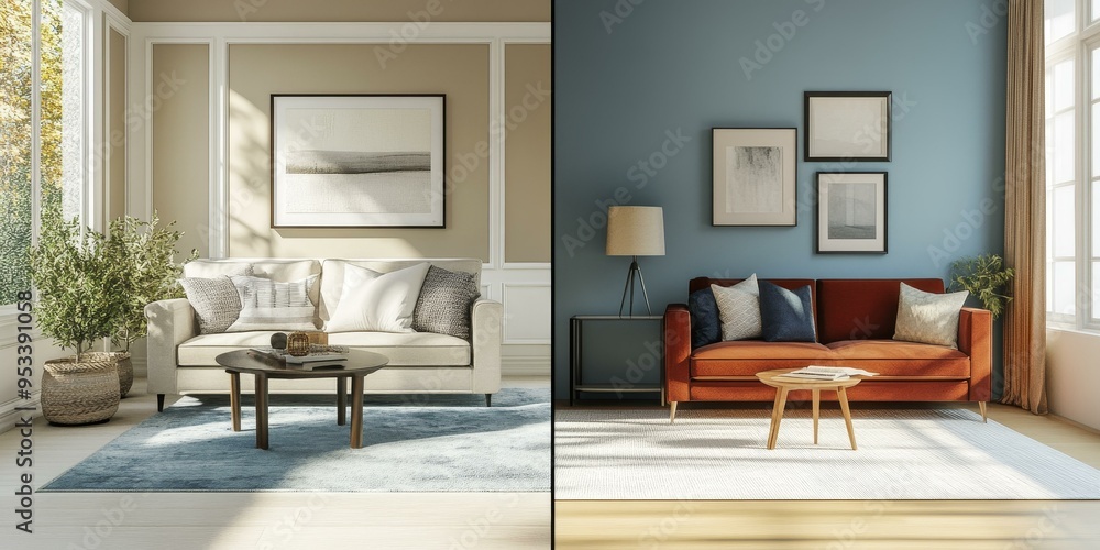 Two living rooms with couches, rugs, and art. Two living rooms with couches, rugs, and art.