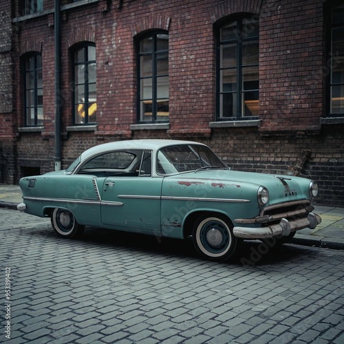 A photo of a vintage car parked on a cobblestone street. The car is a light blue 1950s model with a white roof and white rims. The scene has a cinematic, vintage feel.