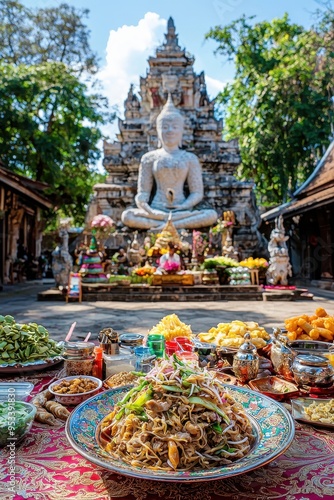 Fototapeta Naklejka Na Ścianę i Meble -  Pad Thai Noodles Offering at Buddhist Temple in Thailand