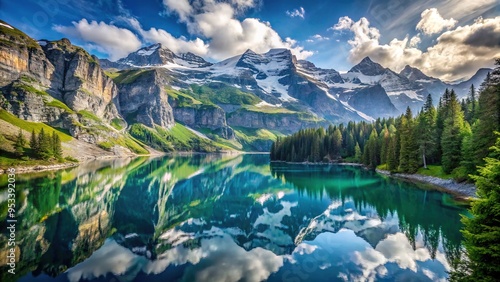 Serene Oeschinen Lake in Switzerland, surrounded by majestic Alps, reflects a perfect mirror image of verdant forests and snow-capped peaks on a calm summer morning. photo