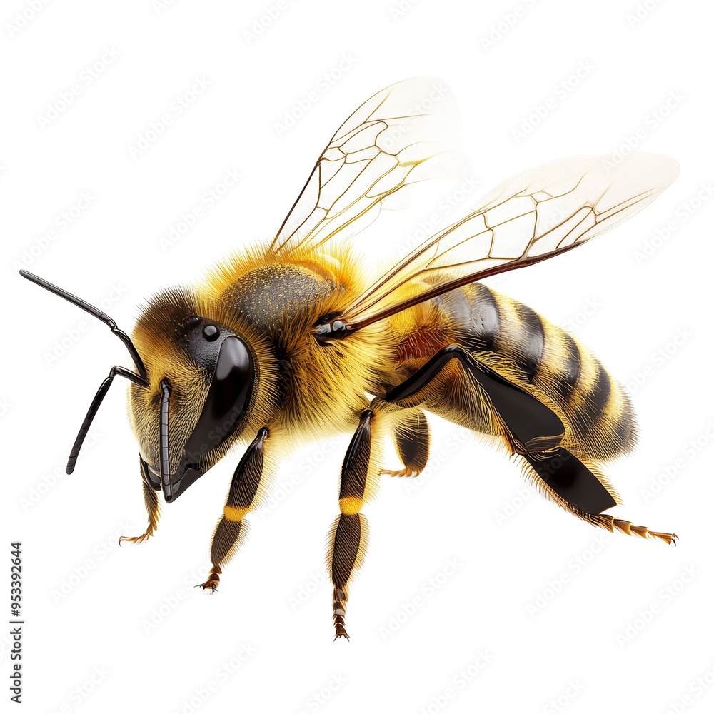 A detailed closeup reveals the unique features of a honey bee, highlighting its wings and fur on a bright background, closeup of honey bee isolated A detailed closeup reveals the unique features of a honey bee, highlighting its wings and fur on a bright background, closeup of honey bee isolated