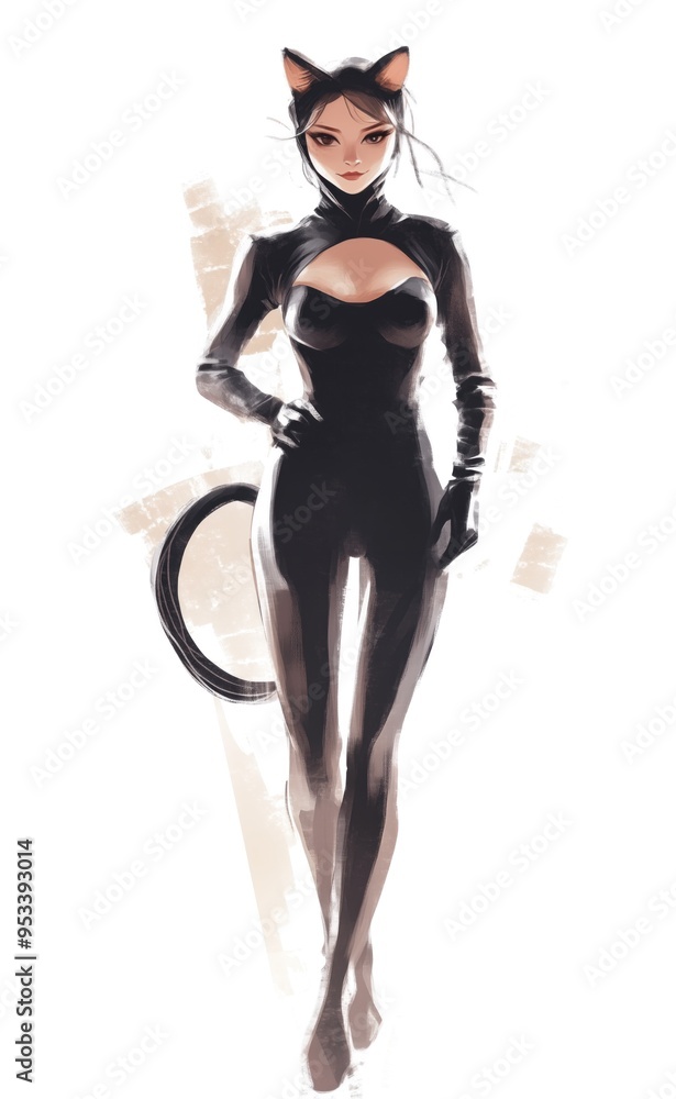 Female character in black cat suit with ears and tail, concept of superhero and cosplay art Female character in black cat suit with ears and tail, concept of superhero and cosplay art