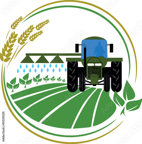 Tractor watering, plants and fertilizing field isolated icon. Agriculture sign.  Symbol for design, logo. Vector illustration.
Agricultural production logo with a silhouette icon of a tractor watering