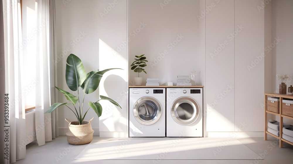 Elegant Laundry Room in Minimalist Style Featuring Green Plants - Contemporary Design for Efficient and Relaxing Laundry Tasks Elegant Laundry Room in Minimalist Style Featuring Green Plants - Contemporary Design for Efficient and Relaxing Laundry Tasks
