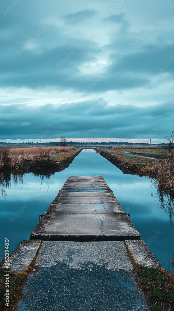 Obraz premium A weathered bridge leads towards a calm, reflective river under a vast, blue sky. Tranquility and a sense of solitude permeate the scene.