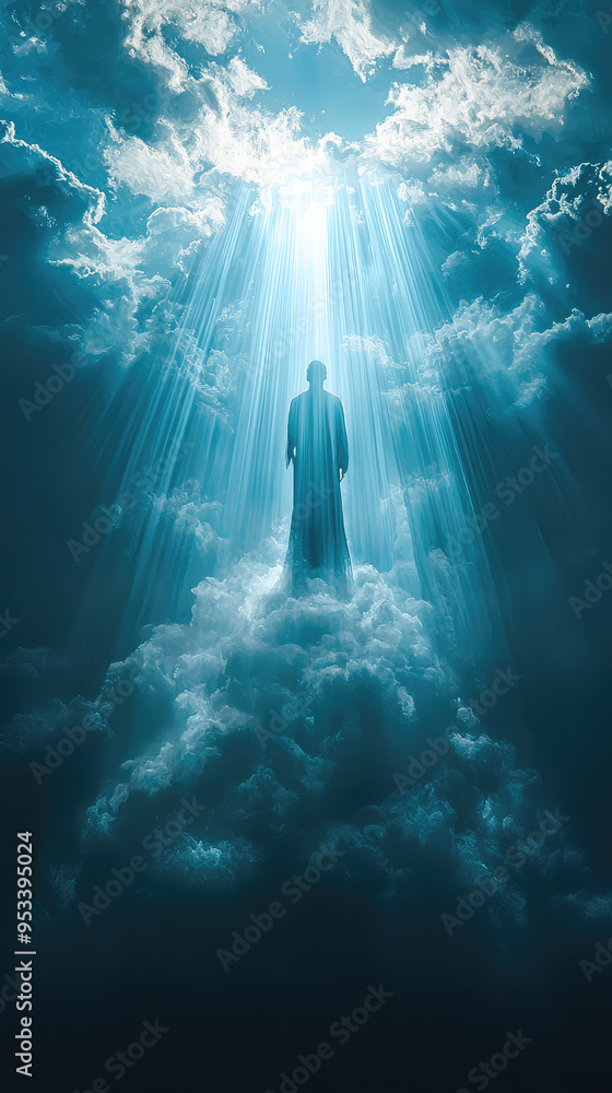 A solitary figure ascends towards a radiant light, bathed in ethereal glow, amidst a sea of swirling clouds. A solitary figure ascends towards a radiant light, bathed in ethereal glow, amidst a sea of swirling clouds.