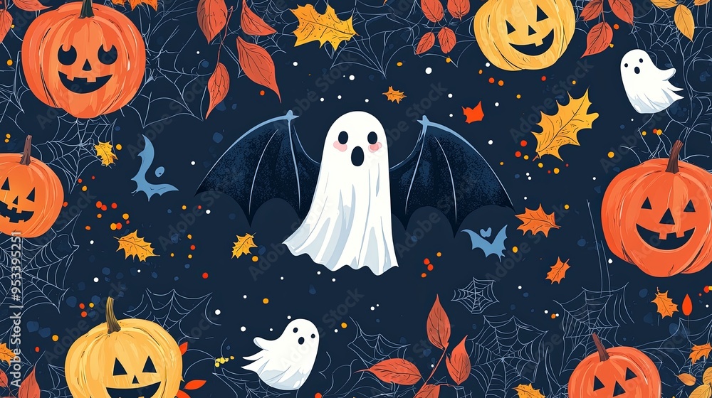 This Halloween-themed pattern showcases a playful ghost with wings, surrounded by jack-o’-lanterns, leaves, spiders, and bats against a dark blue background. This Halloween-themed pattern showcases a playful ghost with wings, surrounded by jack-o’-lanterns, leaves, spiders, and bats against a dark blue background.