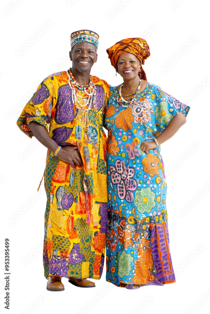 Two People in Traditional Guinea-Bissauan Attire with Bold Prints and Colorful Fabrics Standing Together in Friendly Pose on Transparent Background Two People in Traditional Guinea-Bissauan Attire with Bold Prints and Colorful Fabrics Standing Together in Friendly Pose on Transparent Background
