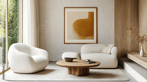 Interior design of modern living room with accent white armchair and frame on wall,White sofa and accent coffee table against arch wall,japandi interior design of modern living room, Minimalist, Ai