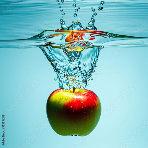 A high quality professional photo of a fresh and natural apple (fruit) delicately placed on the water surface, showcasing a perfect balance of buoyancy and ripeness, a shot where an apple photo