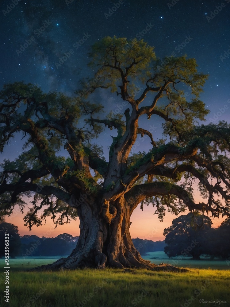 A sprawling ancient oak tree in watercolor against a twilight sky, with glowing fireflies adding a mystical touch. A sprawling ancient oak tree in watercolor against a twilight sky, with glowing fireflies adding a mystical touch.