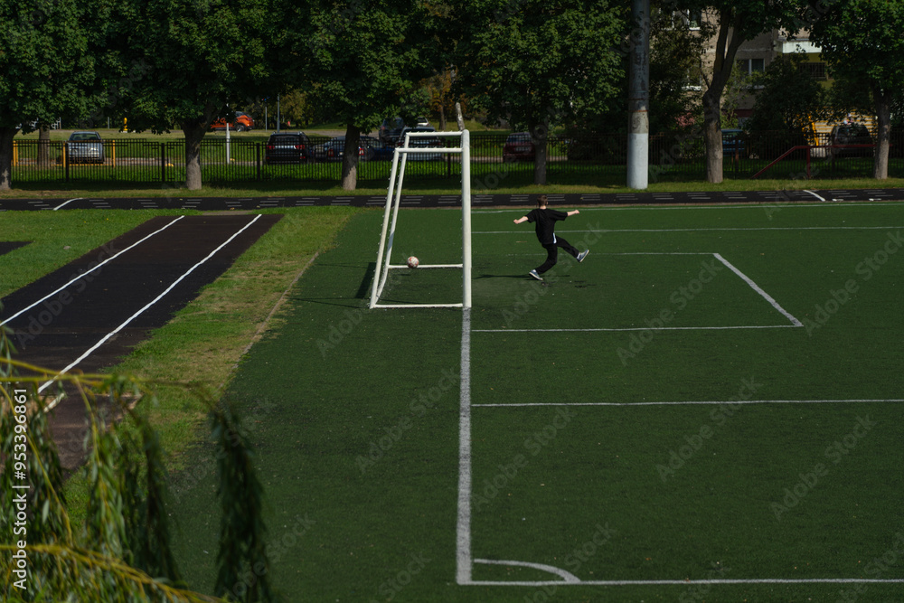 Fototapeta premium The schoolboy football player missed a goal. The school stadium. Football gates