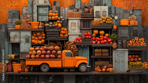 Vintage orange truck filled with an assortment of pumpkins and vegetables, set against a rustic, colorful backdrop of stacked crates and dried produce. photo