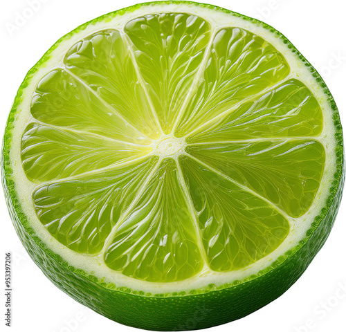 Freshly sliced lime showcasing vibrant green color, ideal for culinary and beverage presentations, or health-related themes. photo