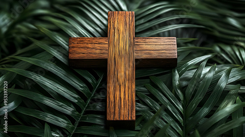 Wooden cross on green leaves.