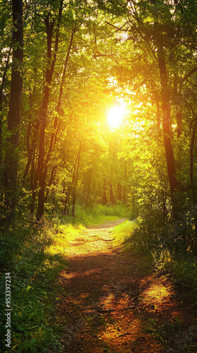 Sunbeams Dapple a Mystical Forest Path, Illuminating Delicate Wildflowers and Casting Long Shadows Through the Trees.