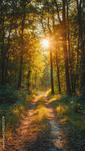 Golden Hour in the Woods: A Sun-Dappled Path Beckons Through the Trees