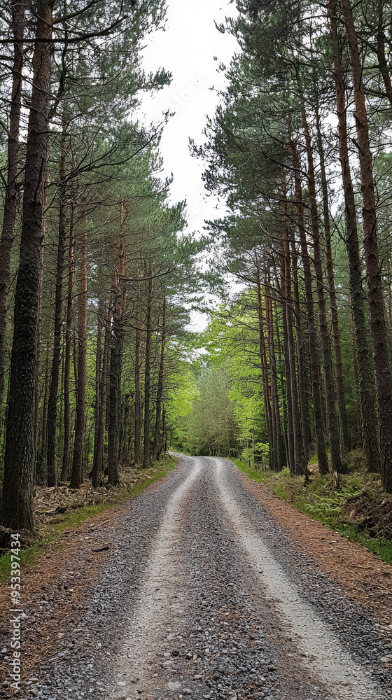 Fototapeta premium A winding gravel road disappears into a dense forest, inviting exploration and promising secrets hidden amongst the towering pines.