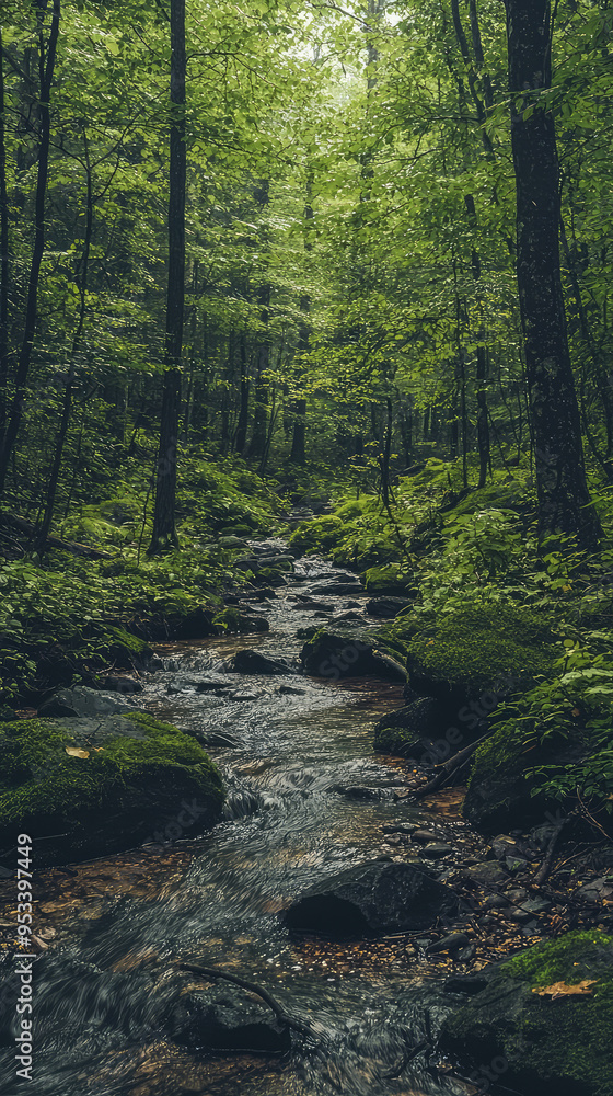 A Serene Stream Winding Through A Lush, Verdant Forest A Serene Stream Winding Through A Lush, Verdant Forest