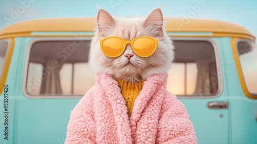 Stilvolle Katze mit Sonnenbrille und rosa Mantel vor Retro-Bus, Stylish Cat with Sunglasses and Pink Coat in Front of Retro Bus