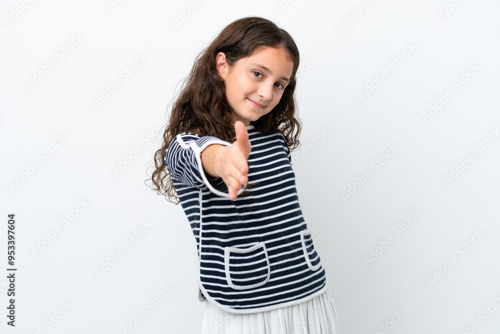 Little caucasian girl isolated on white background shaking hands for closing a good deal Little caucasian girl isolated on white background shaking hands for closing a good deal