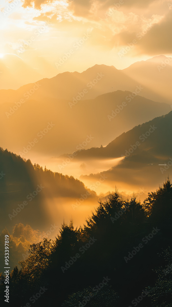 Golden rays pierce through the mist, illuminating a breathtaking mountain sunrise, painting a scene of pure serenity. Golden rays pierce through the mist, illuminating a breathtaking mountain sunrise, painting a scene of pure serenity.