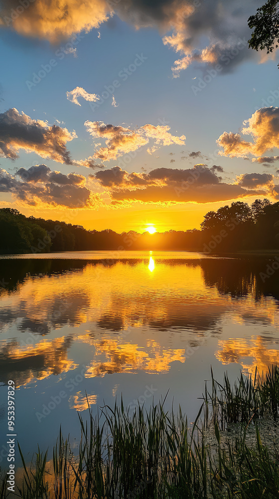 Fototapeta premium A serene lake reflecting a golden sunset, painting the sky with vibrant hues and casting shimmering reflections on the water.