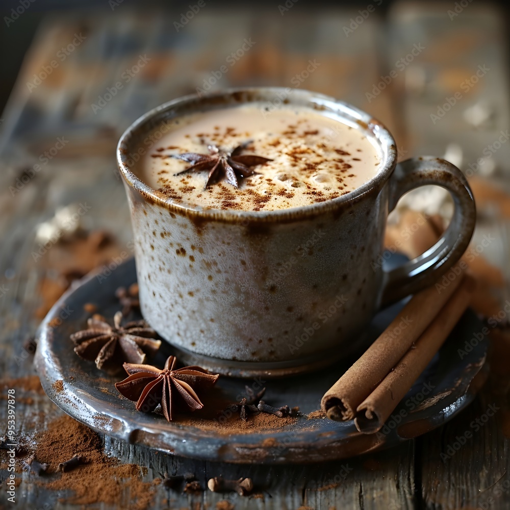 Cozy Spiced Chai Latte in Rustic Mug with Aromatic Cinnamon Sticks and Star Anise Cozy Spiced Chai Latte in Rustic Mug with Aromatic Cinnamon Sticks and Star Anise