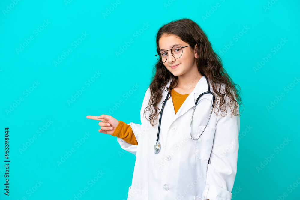 Little doctor girl isolated on blue background surprised and pointing finger to the side Little doctor girl isolated on blue background surprised and pointing finger to the side