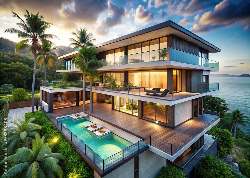 Sleek, multi-story coastal residence with floor-to-ceiling windows, expansive deck, and minimalist chic exterior, set amidst lush tropical greenery and calm turquoise ocean views. Sleek, multi-story coastal residence with floor-to-ceiling windows, expansive deck, and minimalist chic exterior, set amidst lush tropical greenery and calm turquoise ocean views.