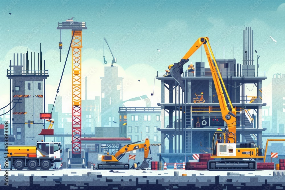 Construction site with cranes and excavators working on a building near a city skyline in the daytime