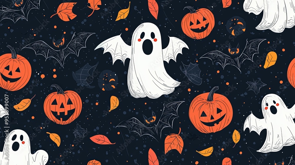 A spooky Halloween scene featuring a ghost with outstretched wings, surrounded by carved pumpkins and bats, set against a dark night sky with falling leaves. A spooky Halloween scene featuring a ghost with outstretched wings, surrounded by carved pumpkins and bats, set against a dark night sky with falling leaves.