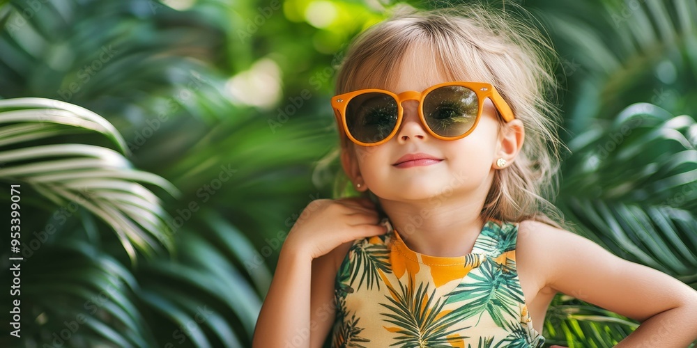 A girl wearing orange sunglasses and a tropical print dress. A girl wearing orange sunglasses and a tropical print dress.