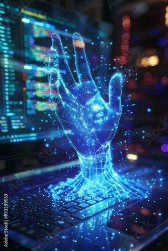 A glowing holographic hand emerging from a computer keyboard in a futuristic digital workspace during nighttime