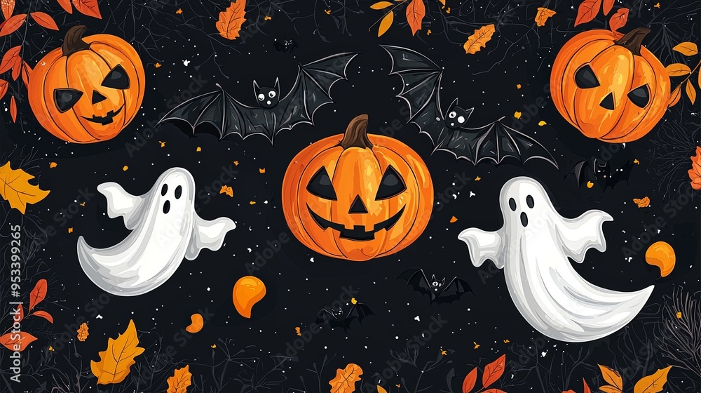 A captivating Halloween night illustration with carved pumpkins, flying bats, and floating ghosts, surrounded by vibrant autumn leaves and twinkling stars in a mesmerizing setting. A captivating Halloween night illustration with carved pumpkins, flying bats, and floating ghosts, surrounded by vibrant autumn leaves and twinkling stars in a mesmerizing setting.