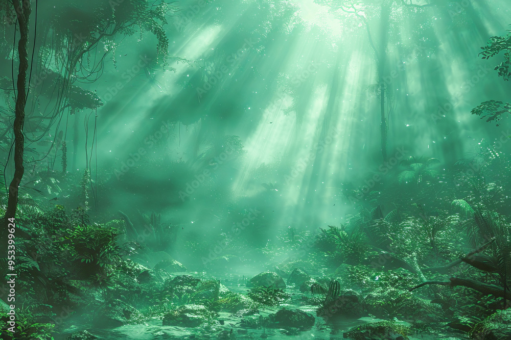 Sunbeams lighting a lush green forest floor with a shallow river Sunbeams lighting a lush green forest floor with a shallow river