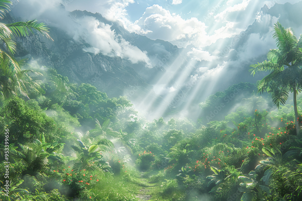 Sunbeams illuminating lush tropical forest path Sunbeams illuminating lush tropical forest path