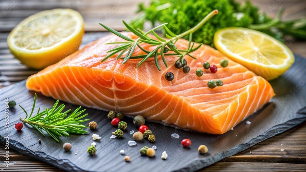 Fresh salmon steak with a lemon wedge and herbs, omega-3 rich food, brain health focus. Fresh salmon steak with a lemon wedge and herbs, omega-3 rich food, brain health focus.