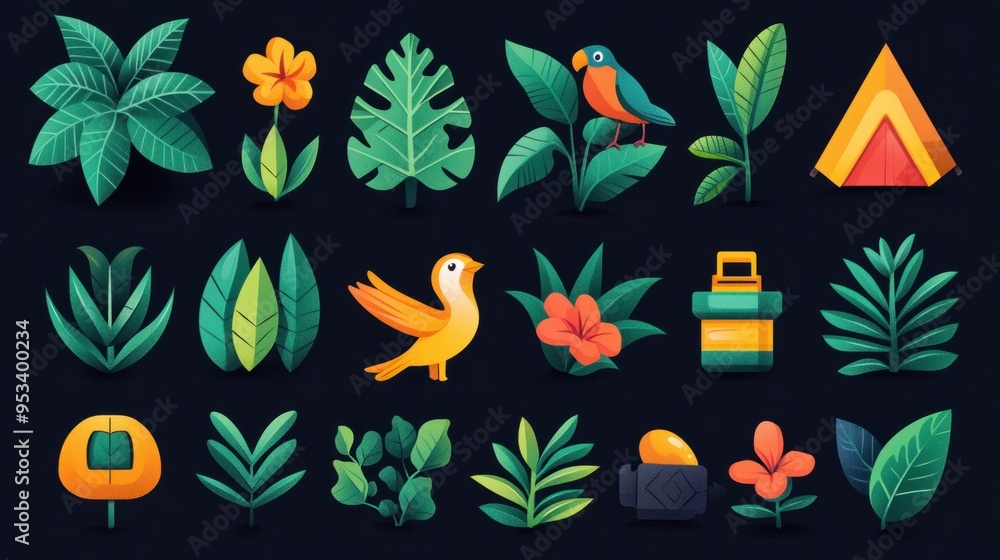 Obraz premium Jungle Adventure - Playful Flat Icons Illustrating Tropical Exploration and Discovery