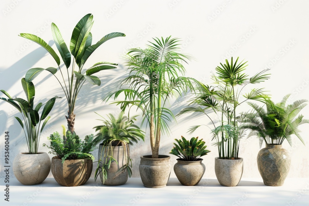 A collection of small plants in pots placed on a clean white surface A collection of small plants in pots placed on a clean white surface